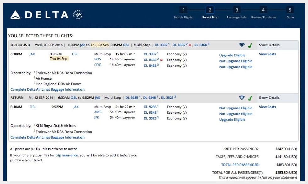 Photo Description: Screenshot of a purchased flight itinerary, for round-trip travel between Florida and Norway for under $500 dollars.