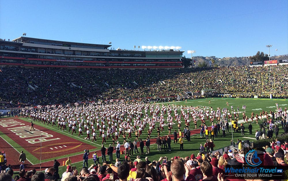 Photo Description: Florida State Seminoles Marching Band on the football field at the Rose Bowl in Pasadena, California.