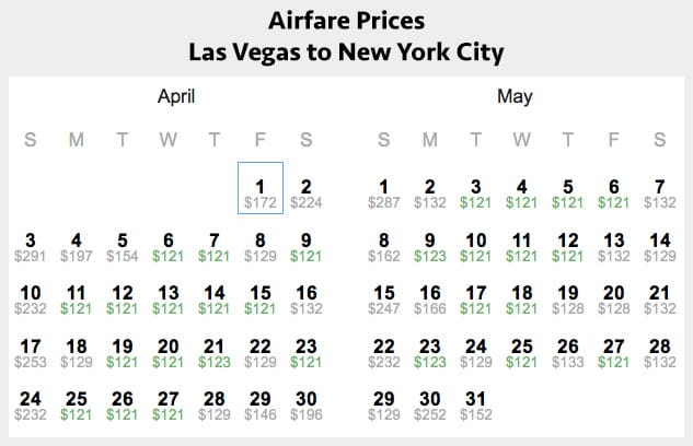 Photo Description: Calendar of One-way Airfare Prices for Las Vegas to New York City. Shows lower prices primarily concentrated on Tuesdays, Wednesdays and Thursdays.