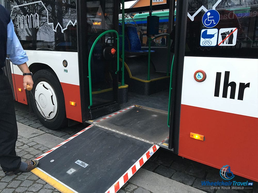 Photo Description: Wheelchair accessible bus in Munich, with a manual fold out wheelchair ramp.