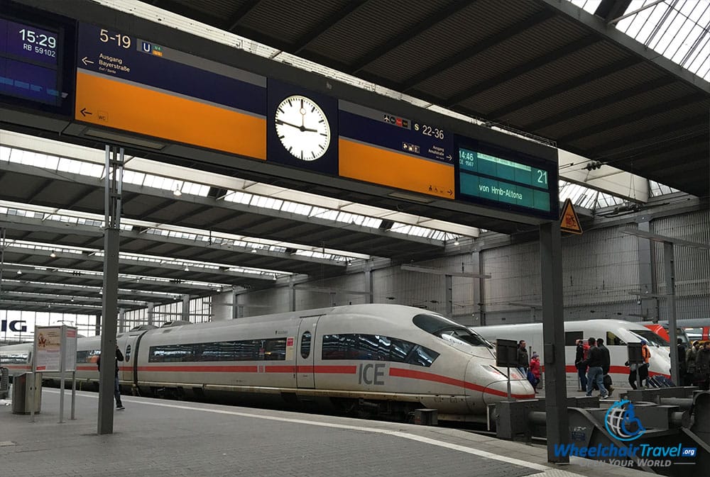 Photo Description: High speed ICE trains parked at the Munich Hauptbahnhof train station.