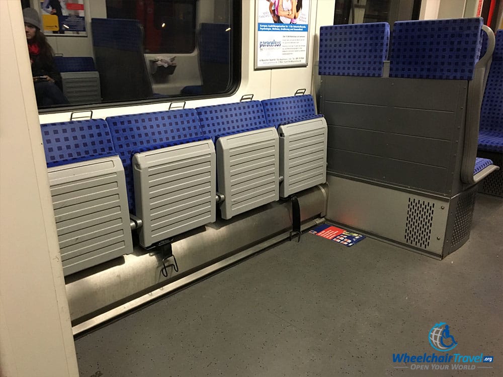 Photo Description: Designated wheelchair space in the first car of an S-Bahn train.