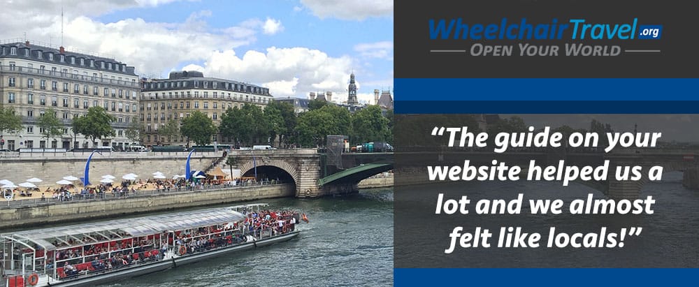 Photo Description: Photo of the River Seine in Paris, with the text of a reader e-mail overlayed. That text reads 'The guide on your website helped us a lot and we almost felt like locals!'