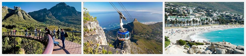 Photo Description: 3 images side by side of top Cape Town attractions - Kirstenbosch Tree Canopy Walkway, Table Mountain Aerial Cableway and Camps Bay Beach.