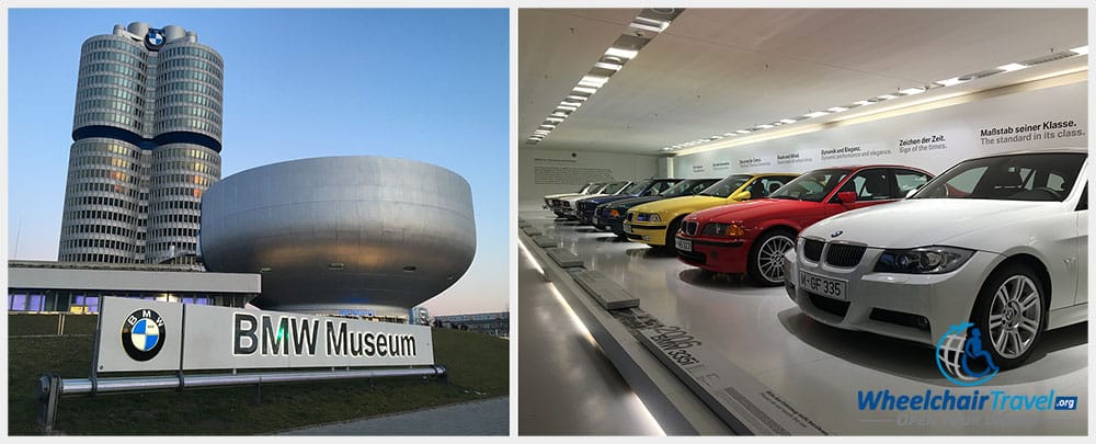 Photo Description: Two pictures, side by side. The first is an external view of the BMW Museum building and complex. The second is an exhibit inside - a row of BMW 3-series cars from multiple decades.