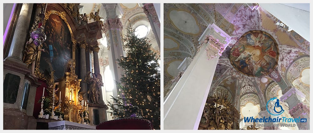 PHOTO DESCRIPTION: Two photos, side by side. The first is the high altar of the Church of the Holy Ghost. The second is an image of its intricate ceiling design and artwork.