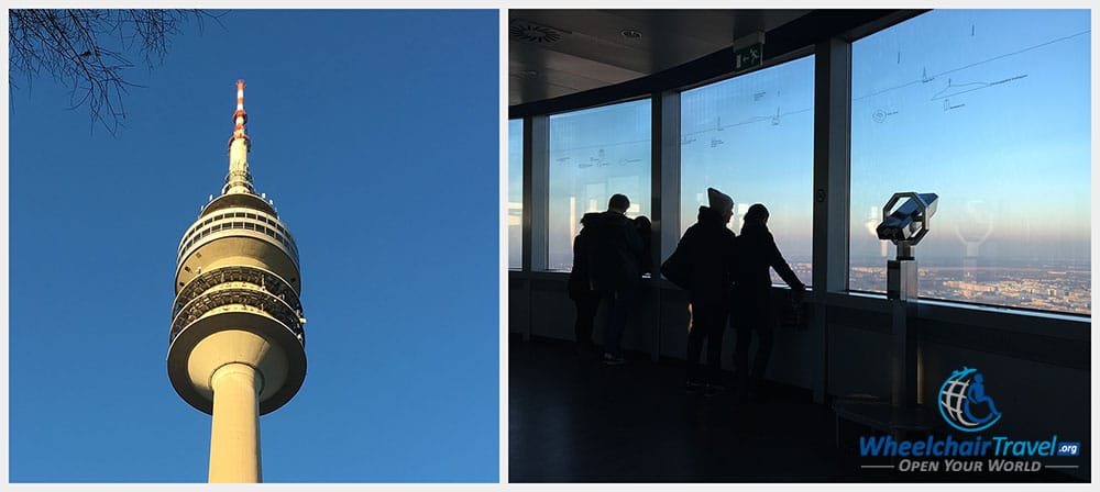 Photo Description: Two images side-by-side. The first is an external view of the Olympic Tower. The second is a view of the indoor observation area at the top of the tower.