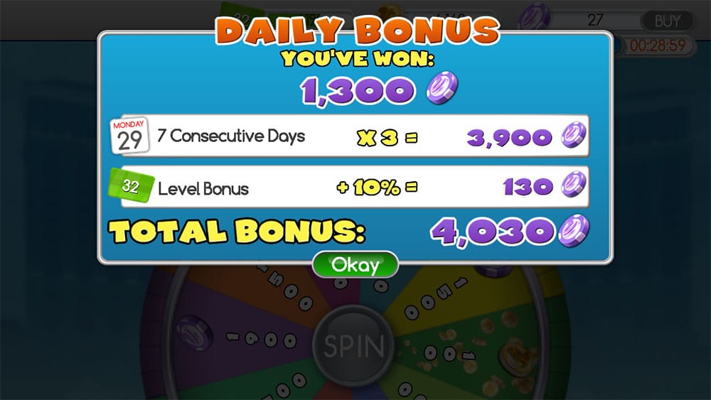 PHOTO DESCRIPTION: Screenshot of the myVEGAS rewards daily spin bonus wheel in the iPhone app.