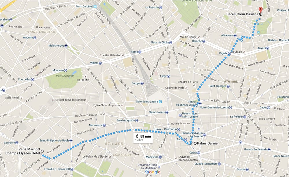 PHOTO DESCRIPTION: Map of Paris with a walking route played out.