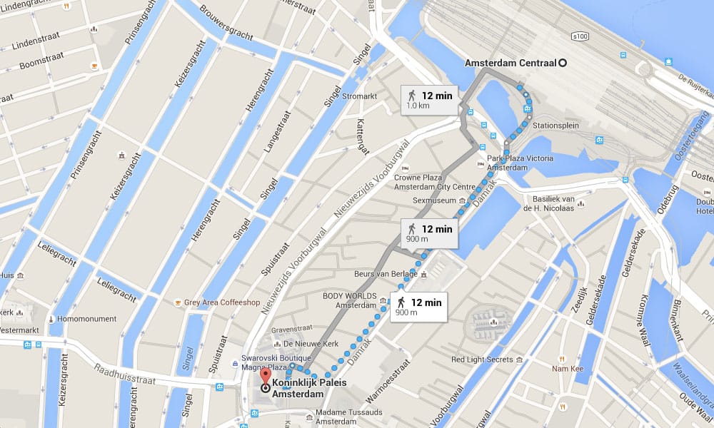 PHOTO DESCRIPTION: Map of the area around the Palace of Amsterdam, with a route to Central Station highlighted.