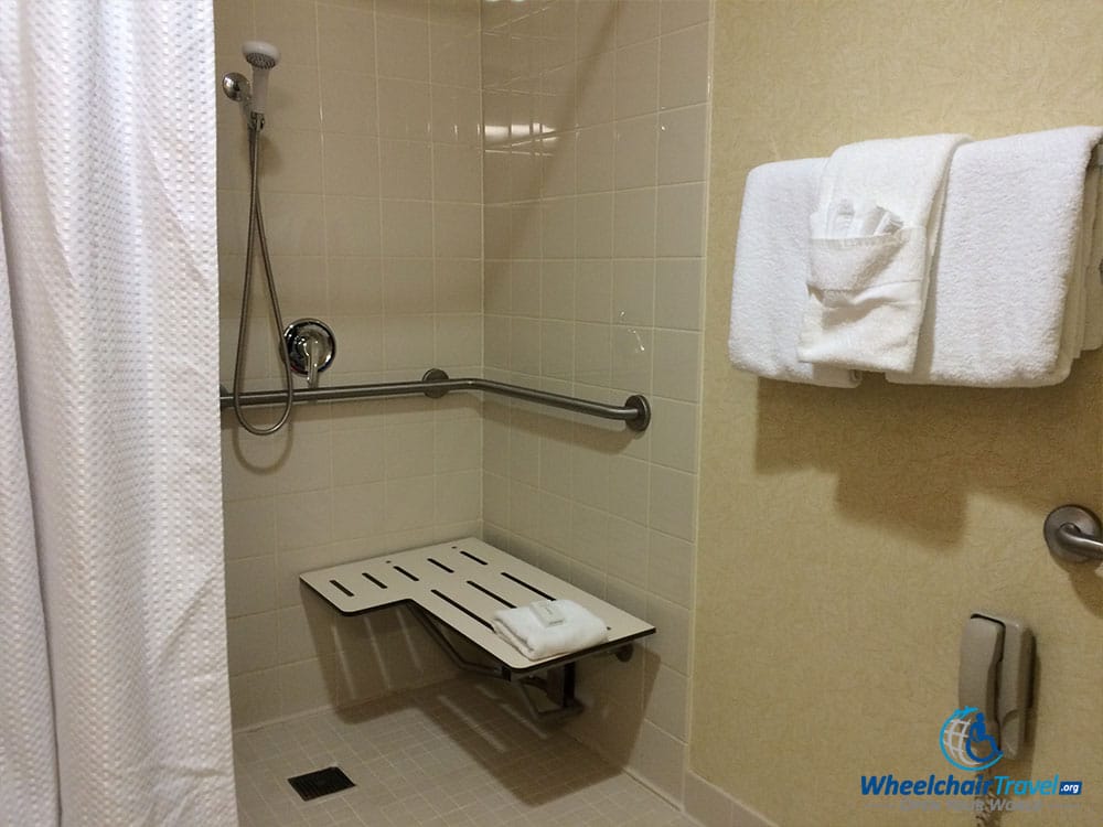 PHOTO DESCRIPTION: Roll-in shower with a fold-down shower seat affixed to the wall, grab bars and a handheld shower nozzle.