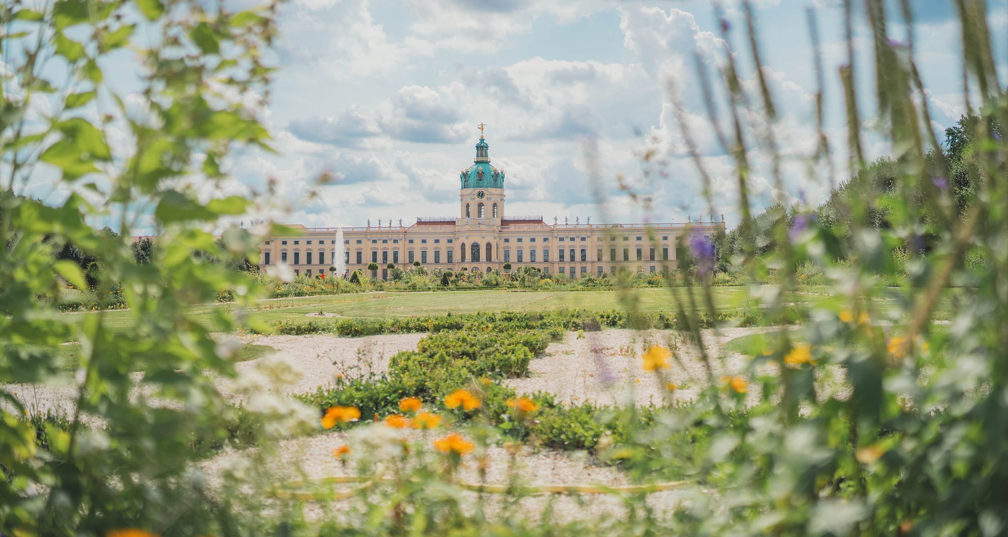 Large palace seen through flowery grasses in the distance.