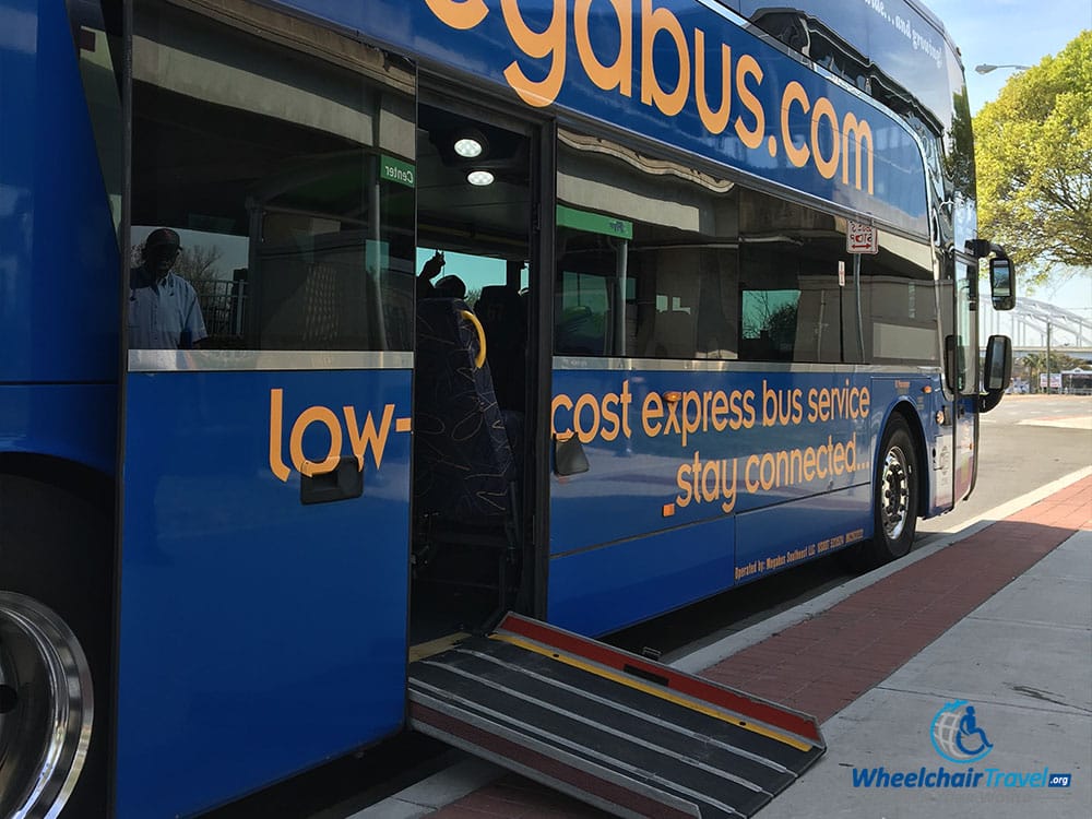 PHOTO DESCRIPTION: Boarding ramp for the wheelchair accessible Megabus.