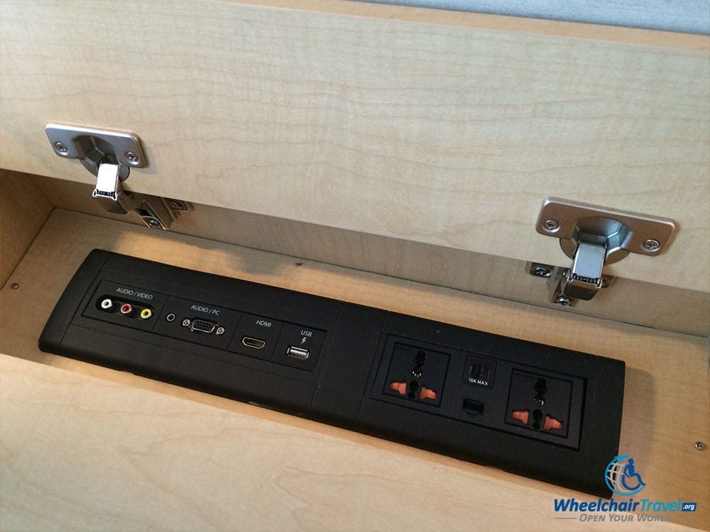 PHOTO DESCRIPTION: Power outlets and A/V inputs built-in to the desk.