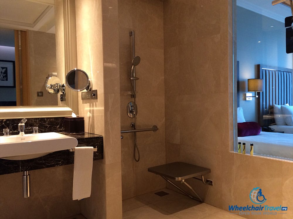 PHOTO DESCRIPTION: Wheelchair accessible roll-in shower at the Radisson Blu Plaza Bangkok Hotel.