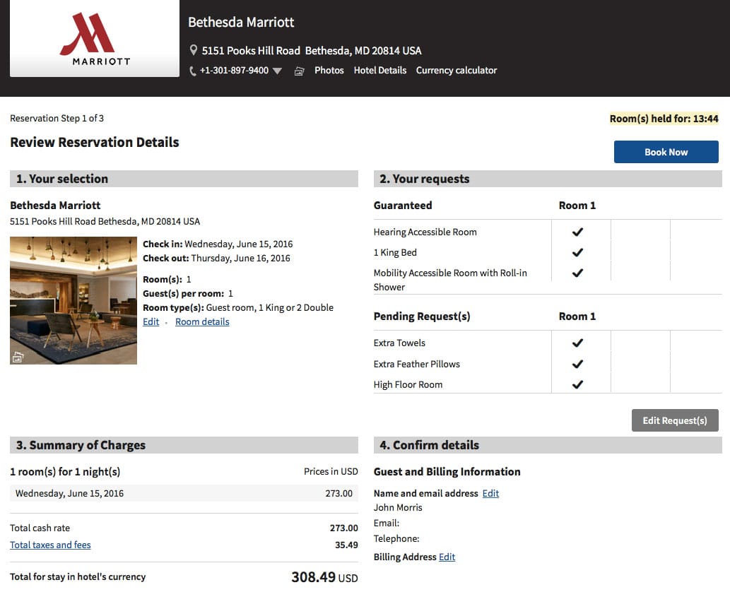 PHOTO DESCRIPTION: Screenshot of the Bethesda Marriott website, showing the room reservation rate.