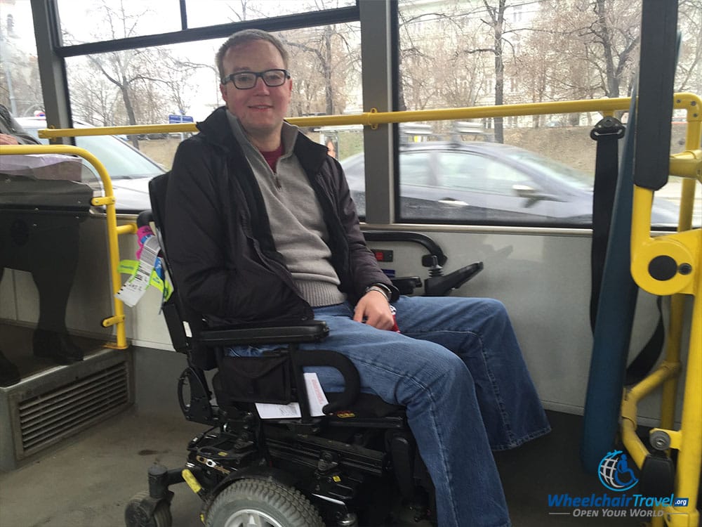 PHOTO: Wheelchair user on Moscow city bus.