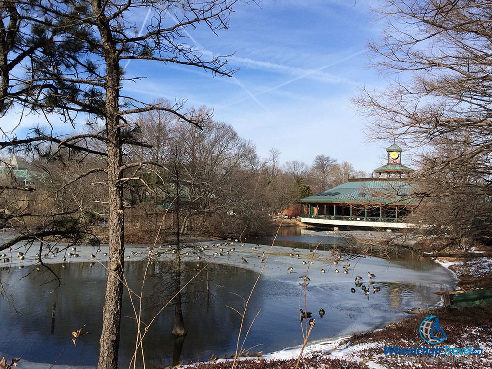 PHOTO: Partially frozen lake at center of the St. Louis Zoo.