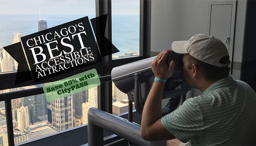 PHOTO: John looking through a wheelchair accessible telescope at Skydeck Chicago Willis Tower.