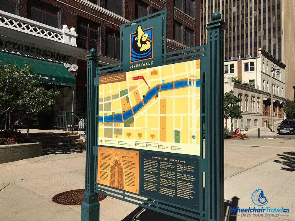 PHOTO: A sign with a map and information about the surrounding area - Riverwalk in Milwaukee.