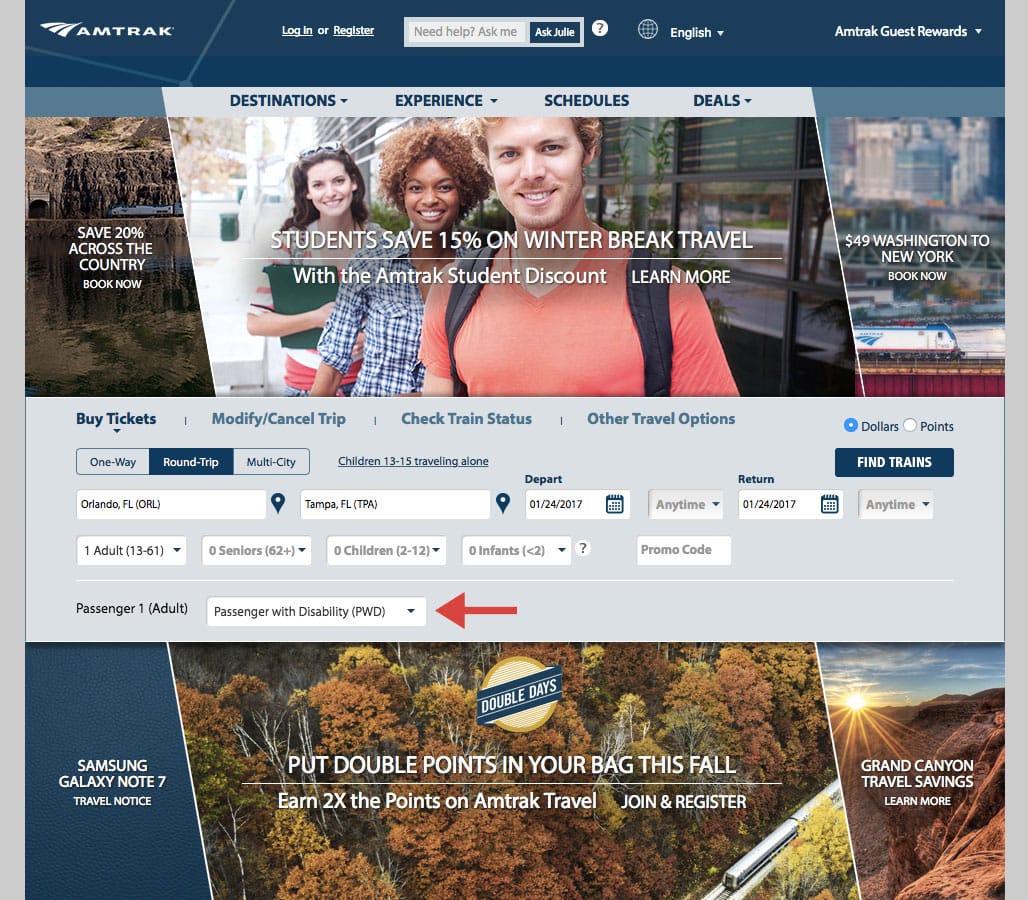 Amtrak.com Homepage.