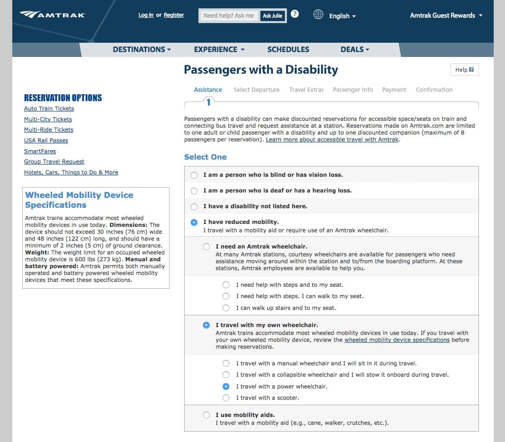 Disability Requirements & Special Assistance form on Amtrak.com.