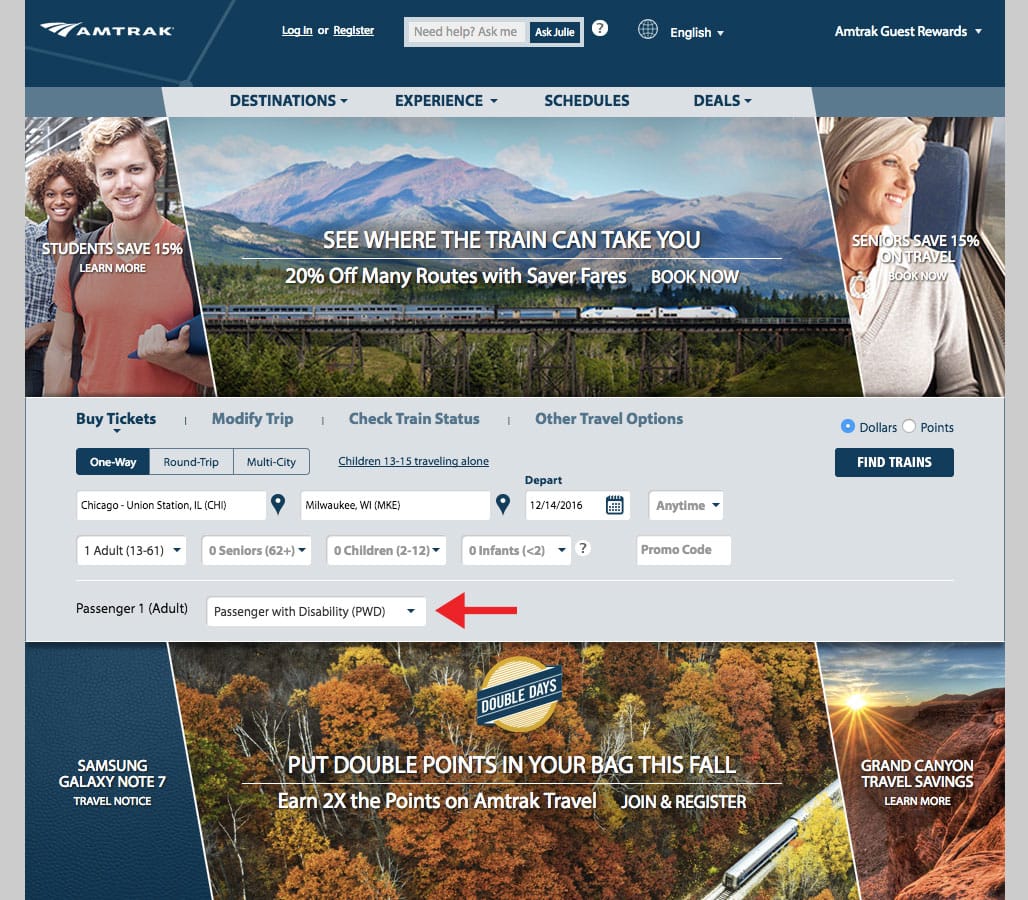 Amtrak.com Homepage.