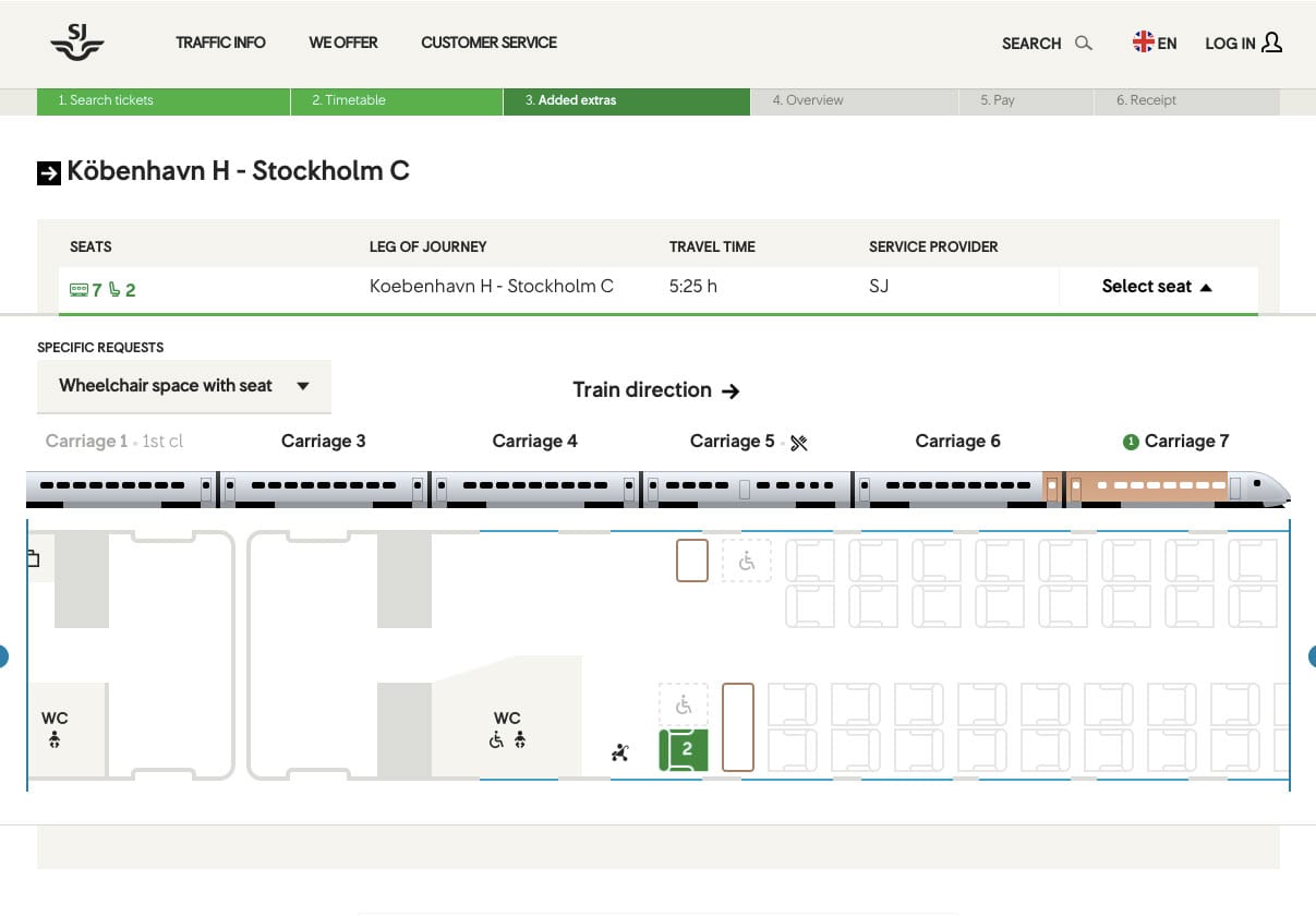 SJ website trains, wheelchair accessible seat selection.