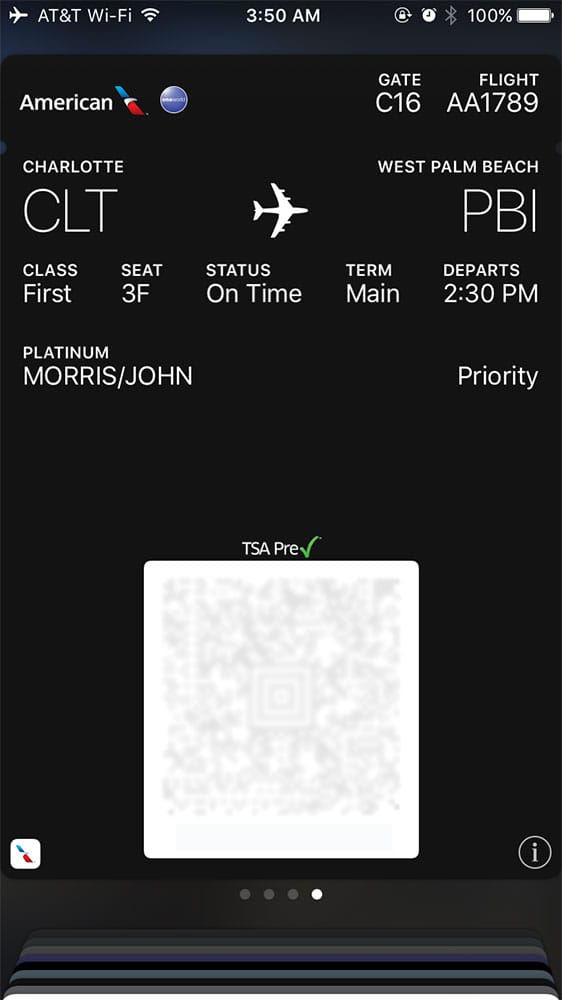 American Airlines mobile boarding pass.