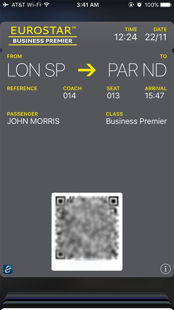 Eurostar mobile boarding pass.