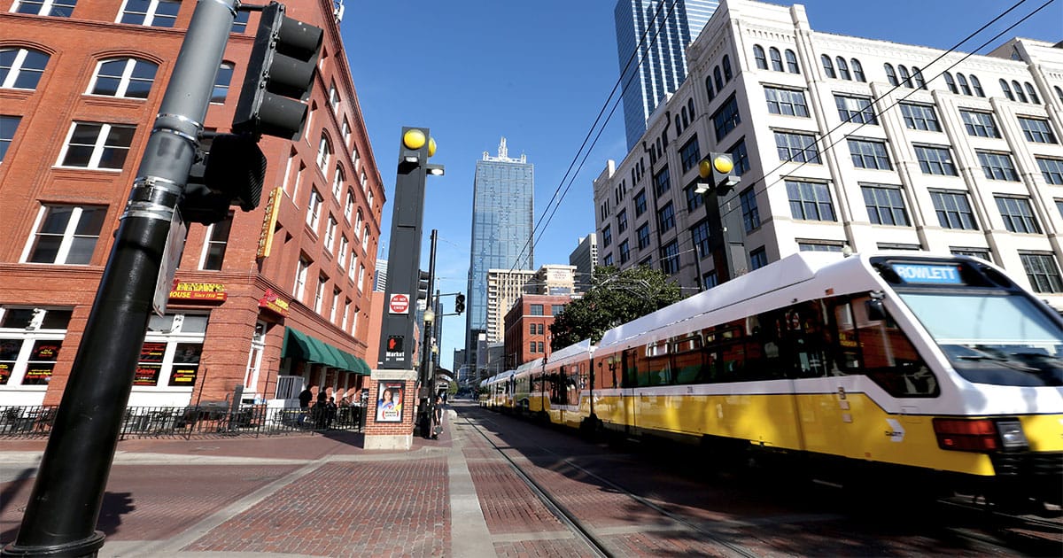 Light rail train in Dallas city center.