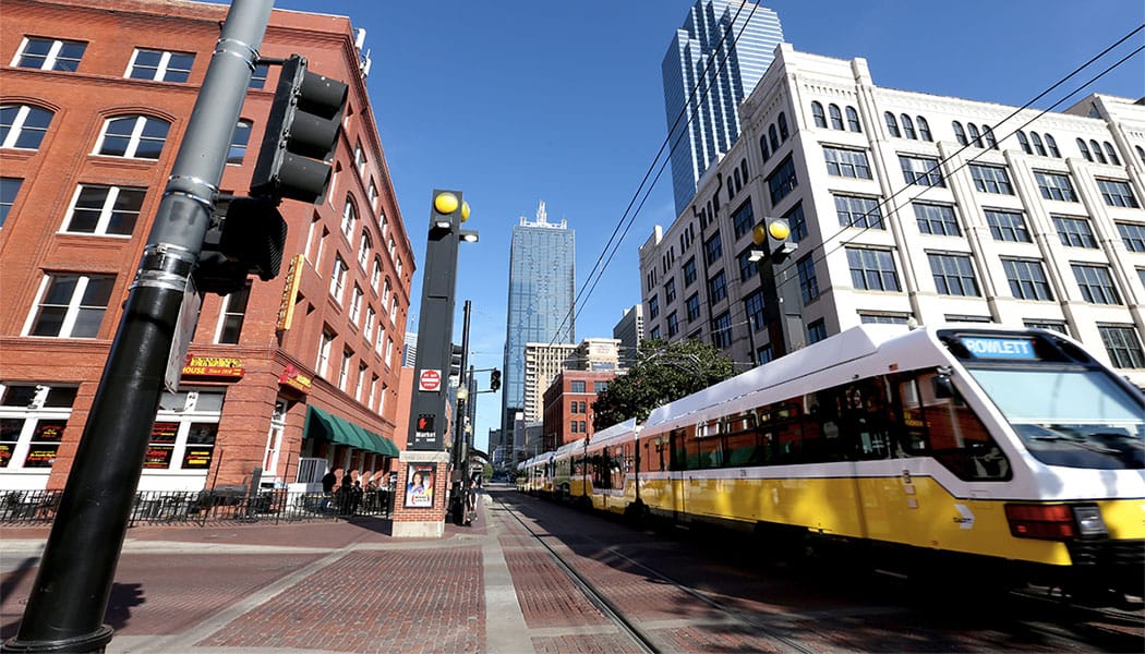 Dallas DART light rail train in West End District