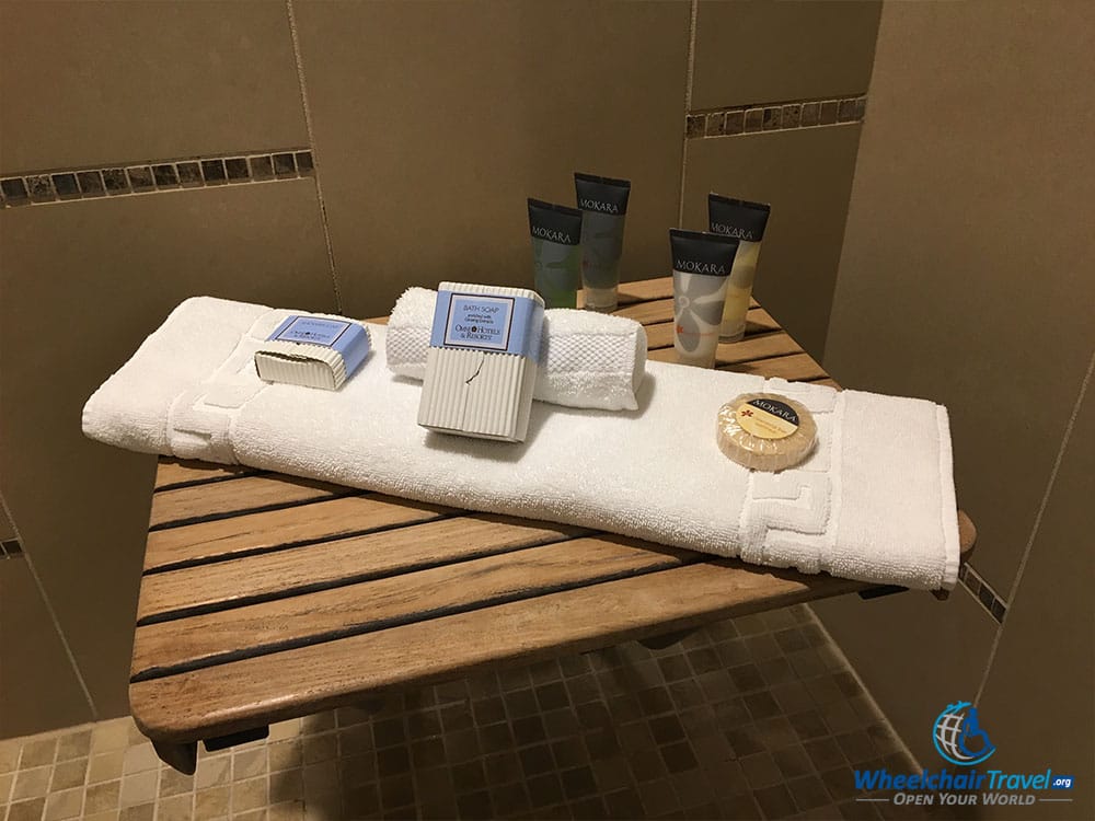 Shower bench, shower seat at Omni Dallas Hotel.