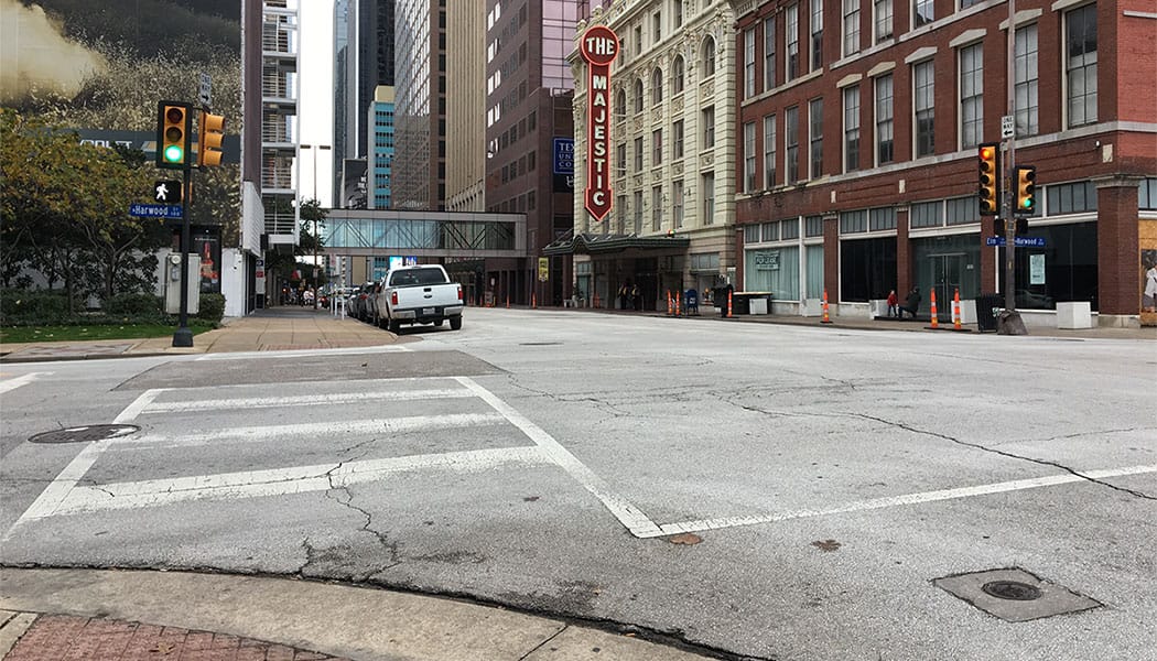 Downtown Dallas sidewalk and street crossing