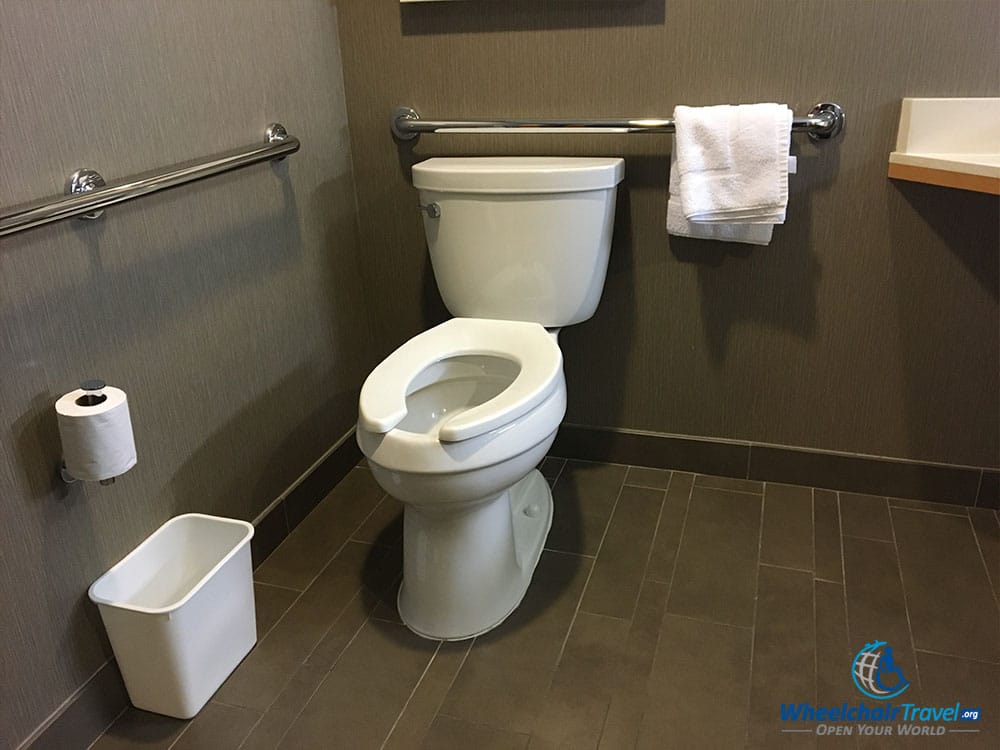 Bathroom toilet with grab bars