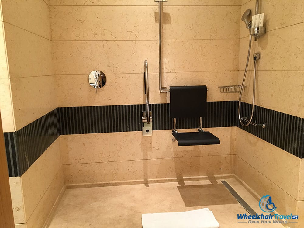 Wheelchair accessible roll-in shower at Le Méridien Cairo Airport hotel