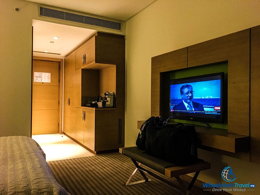 Flat screen television and hotel room interior