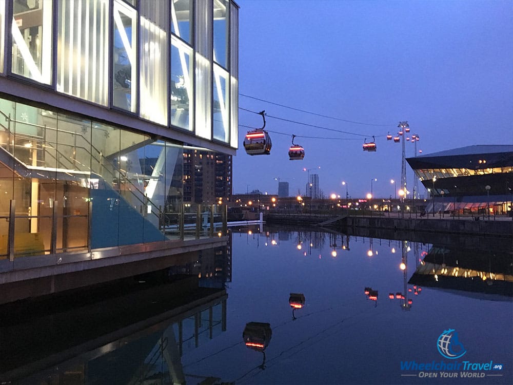 View of the London cable car outside Royal Docklands station