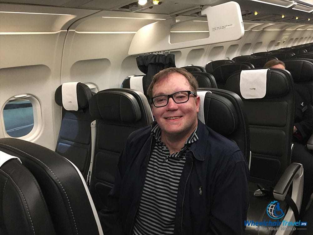 John Morris sitting in British Airways Club Europe business class