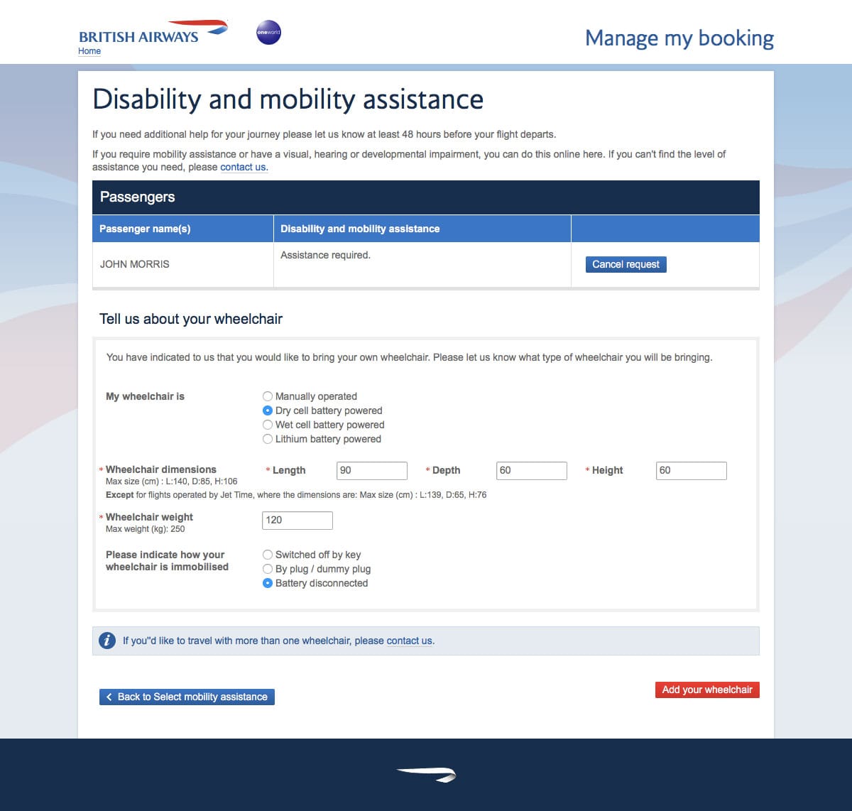 Form to provide information about your personal wheelchair on the British Airways website