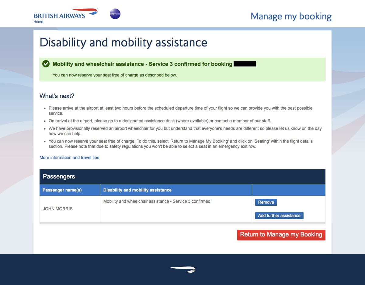 British Airways special service request confirmation page