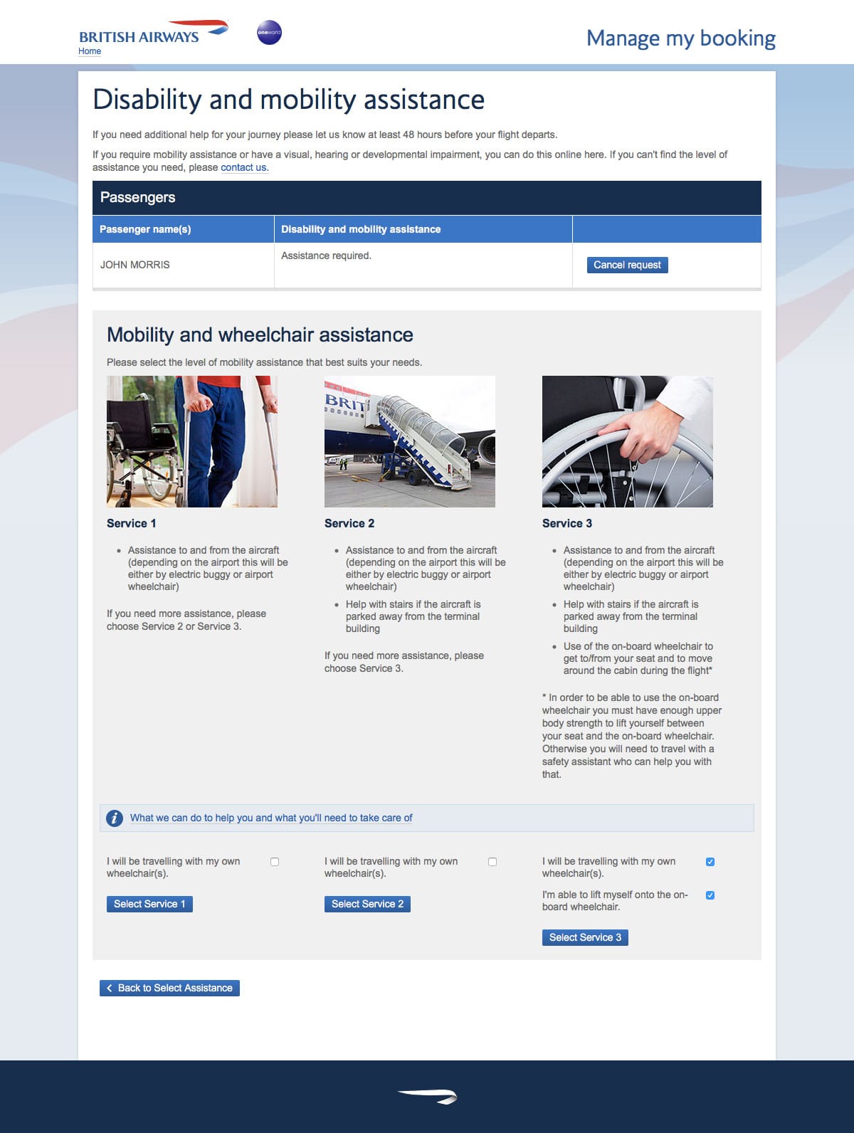 Select the type of wheelchair assistance necessary for your British Airways flight