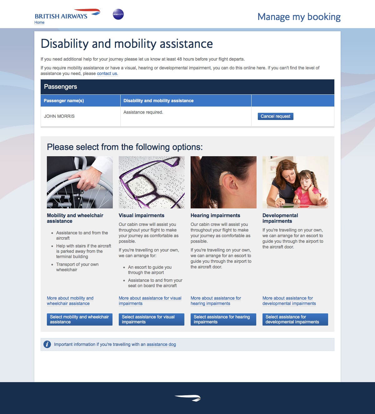 British Airways special service and disability assistance request