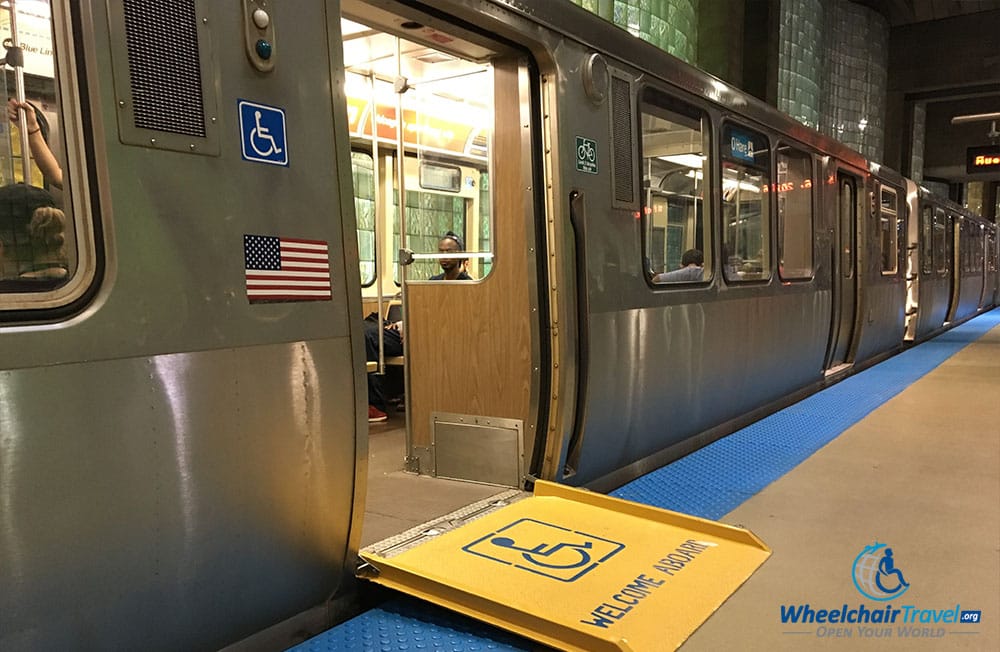 Wheelchair accessible ramp on Blue line train at Chicago O'Hare Airport station