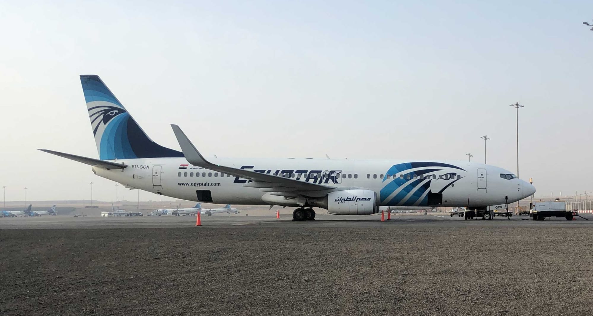 EgyptAir Boeing 737 parked at remote stand.