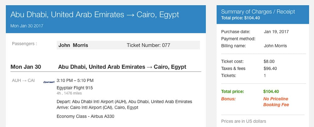 Receipt from Priceline for EgyptAir flight reservation