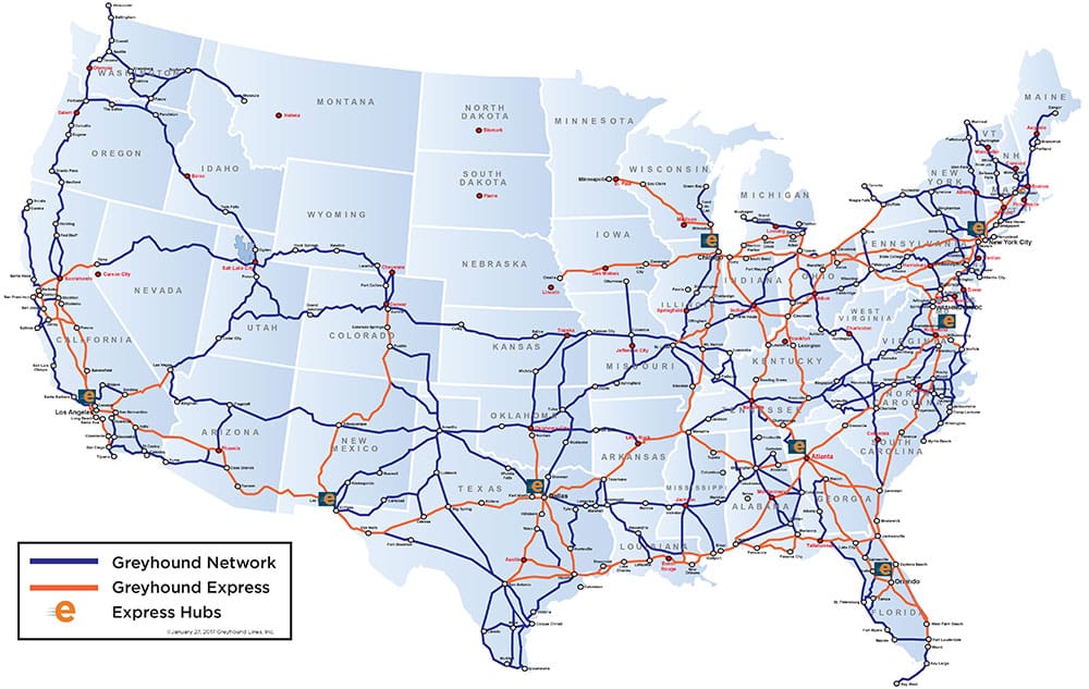 Greyhound Route Map for Continental United States