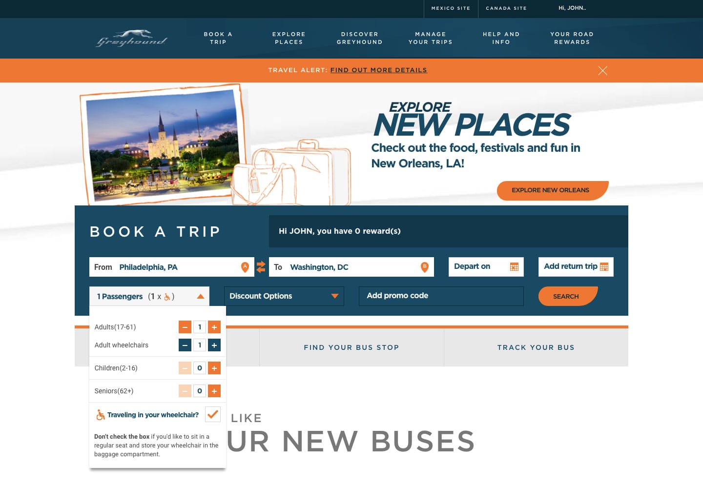 Wheelchair accessible ticket booking on Greyhound website