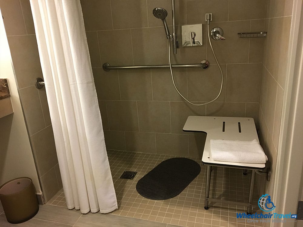 Roll-in shower with built-in seat/bench at the Hyatt Regency Jacksonville Riverfront hotel