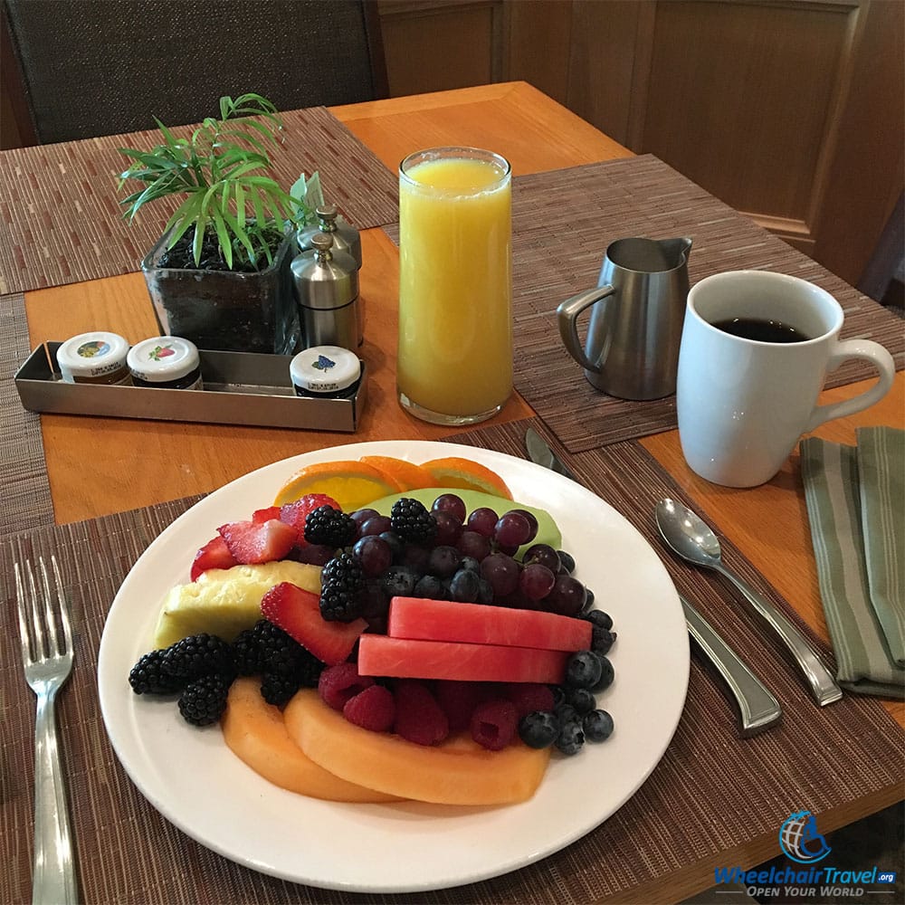 Fruit plate with coffee and orange juice at the Hyatt Regency Jacksonville Riverfront hotel